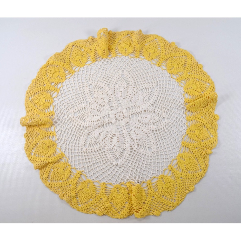 Vintage Round White & Yellow Handmade Crochet Doily 22"